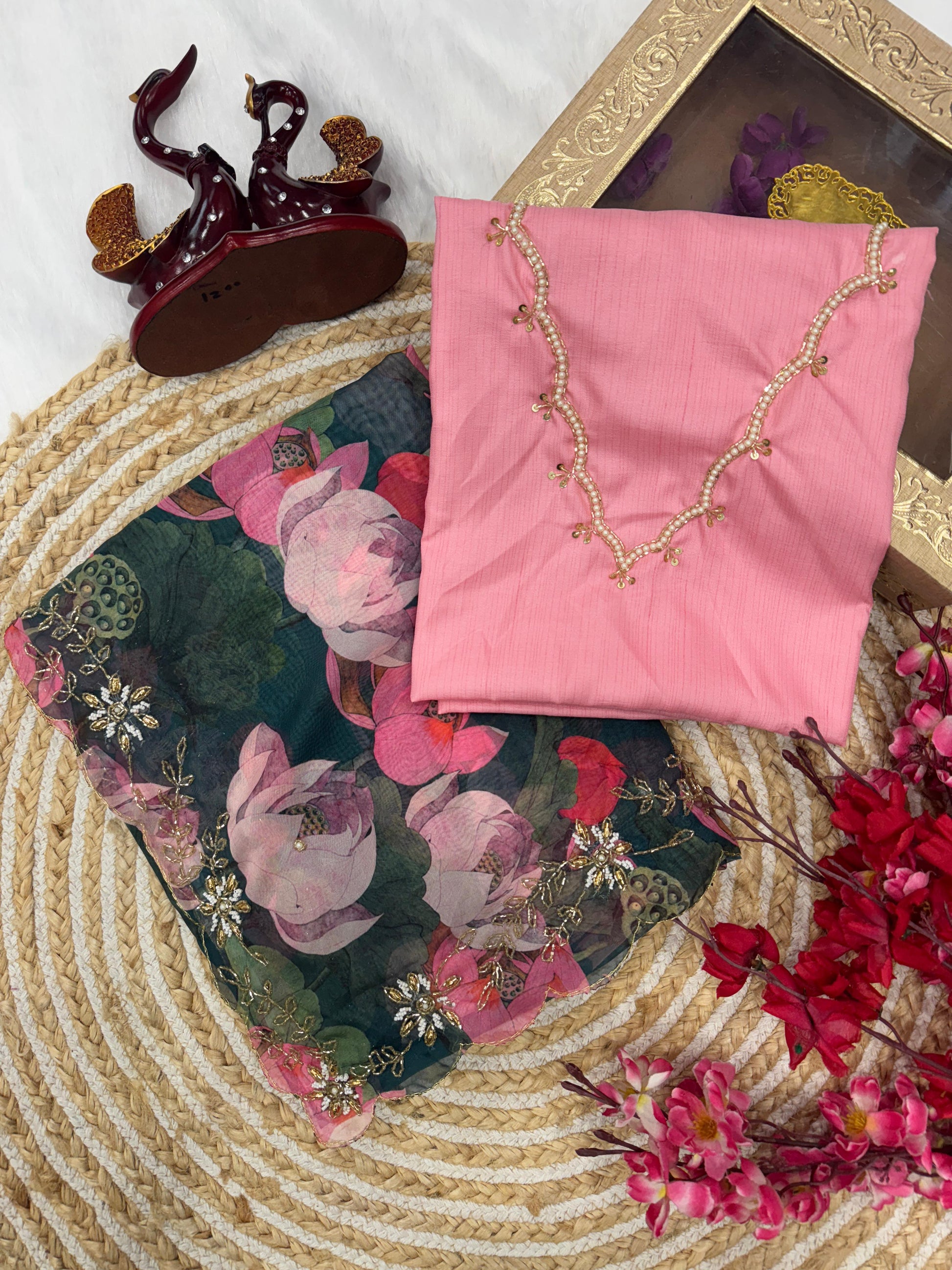 Classy Floral Print Teal Green Color Silk Saree