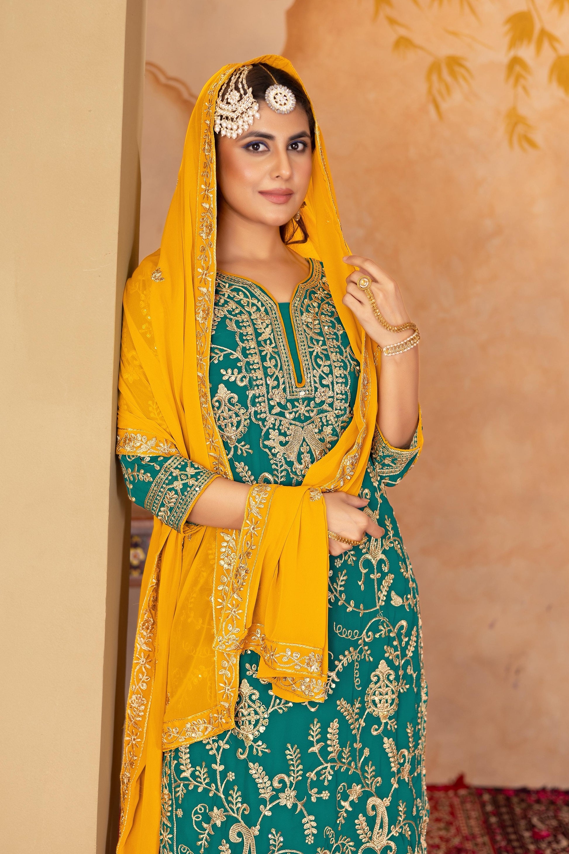 Good Looking Heavy Work Rama Color Palazzo Suit