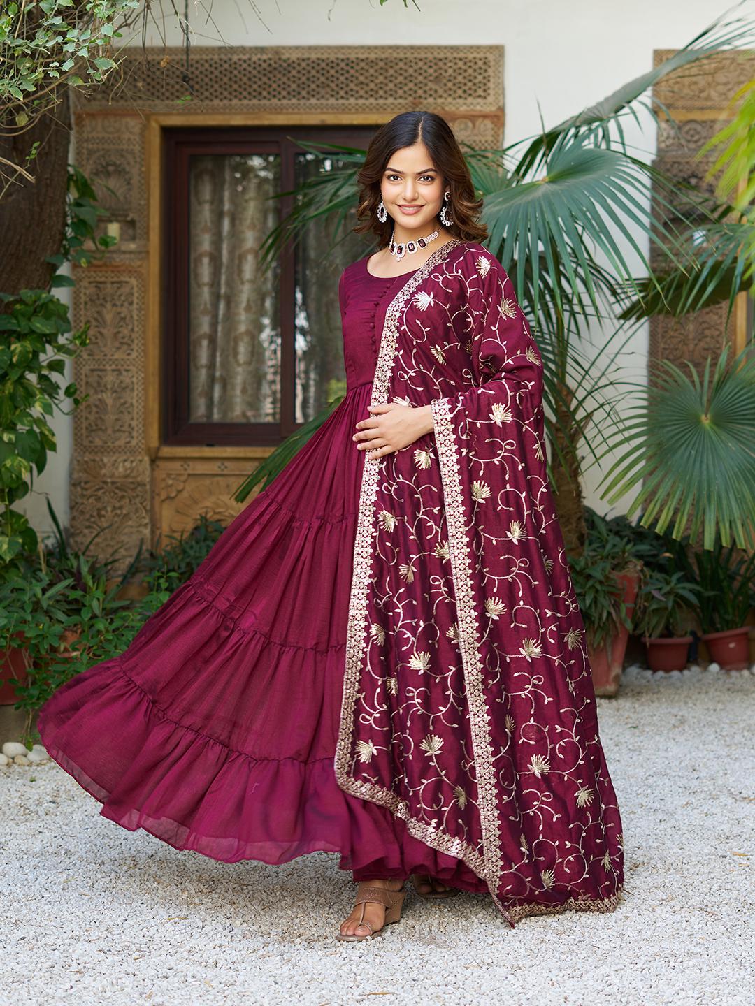Traditional Wear Vichitra Silk Marron Color Gown
