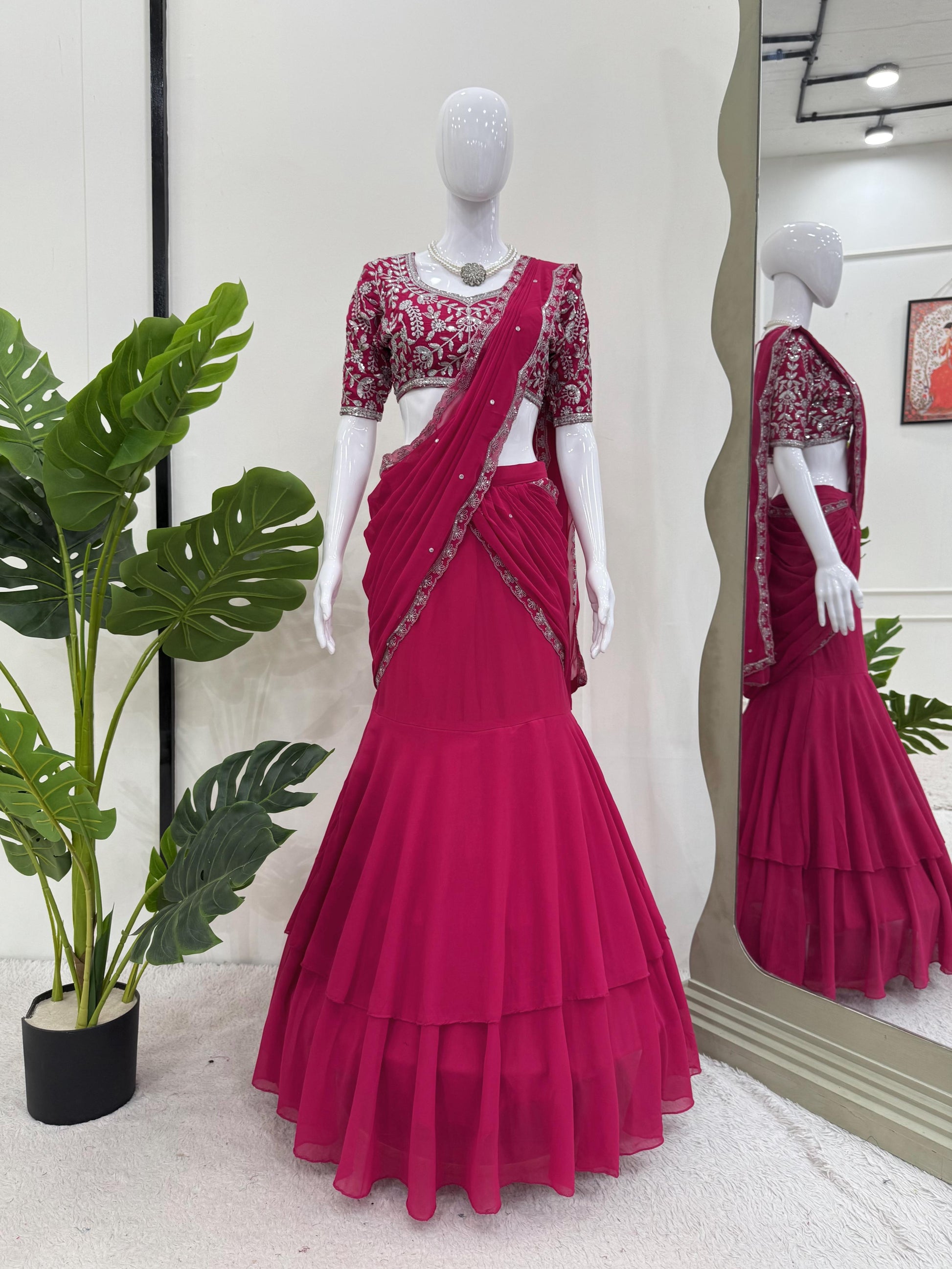 Mesmerizing Georgette Pink Color Ready To Wear Lehenga Saree