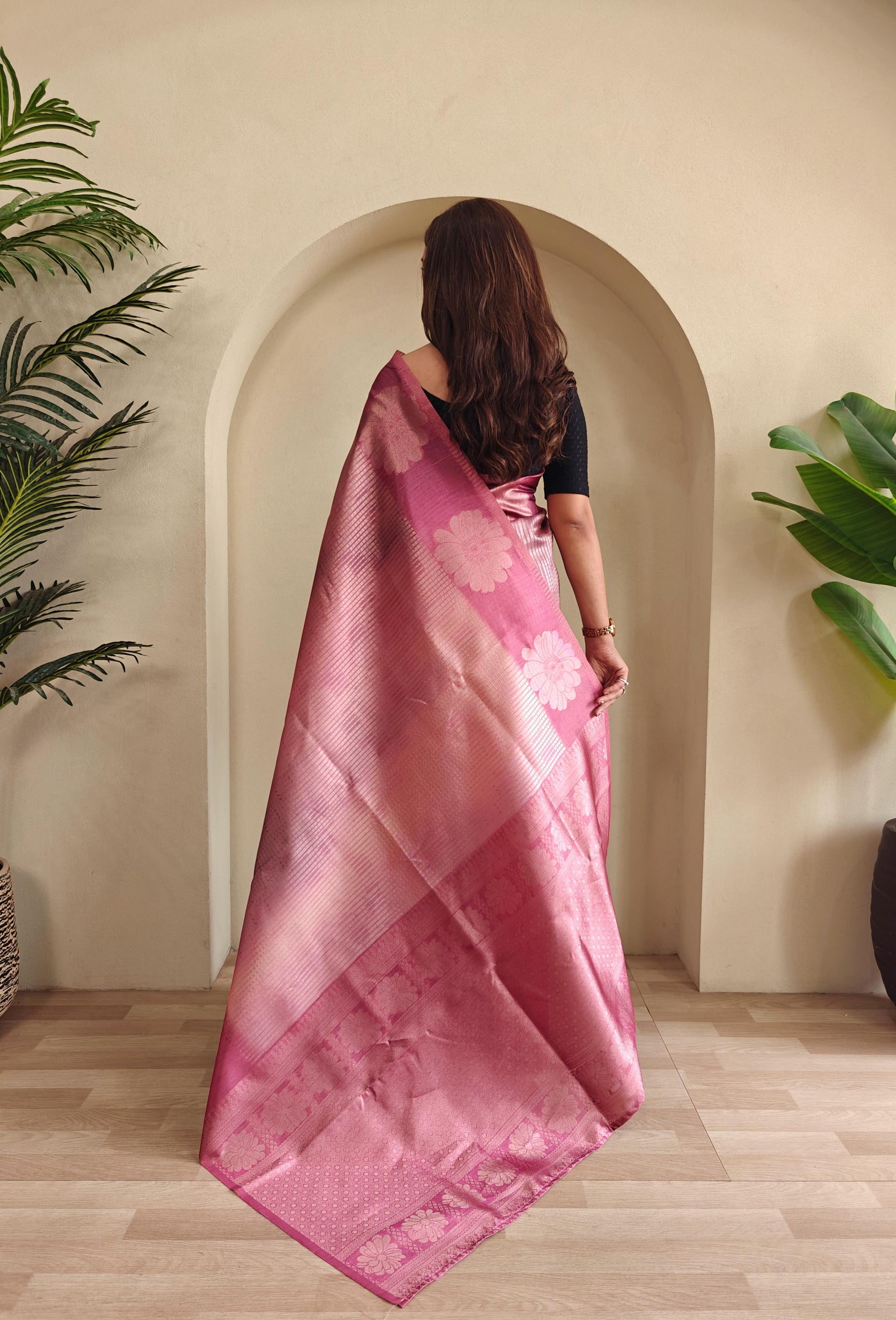 Pink Color Flower Print Silk Saree