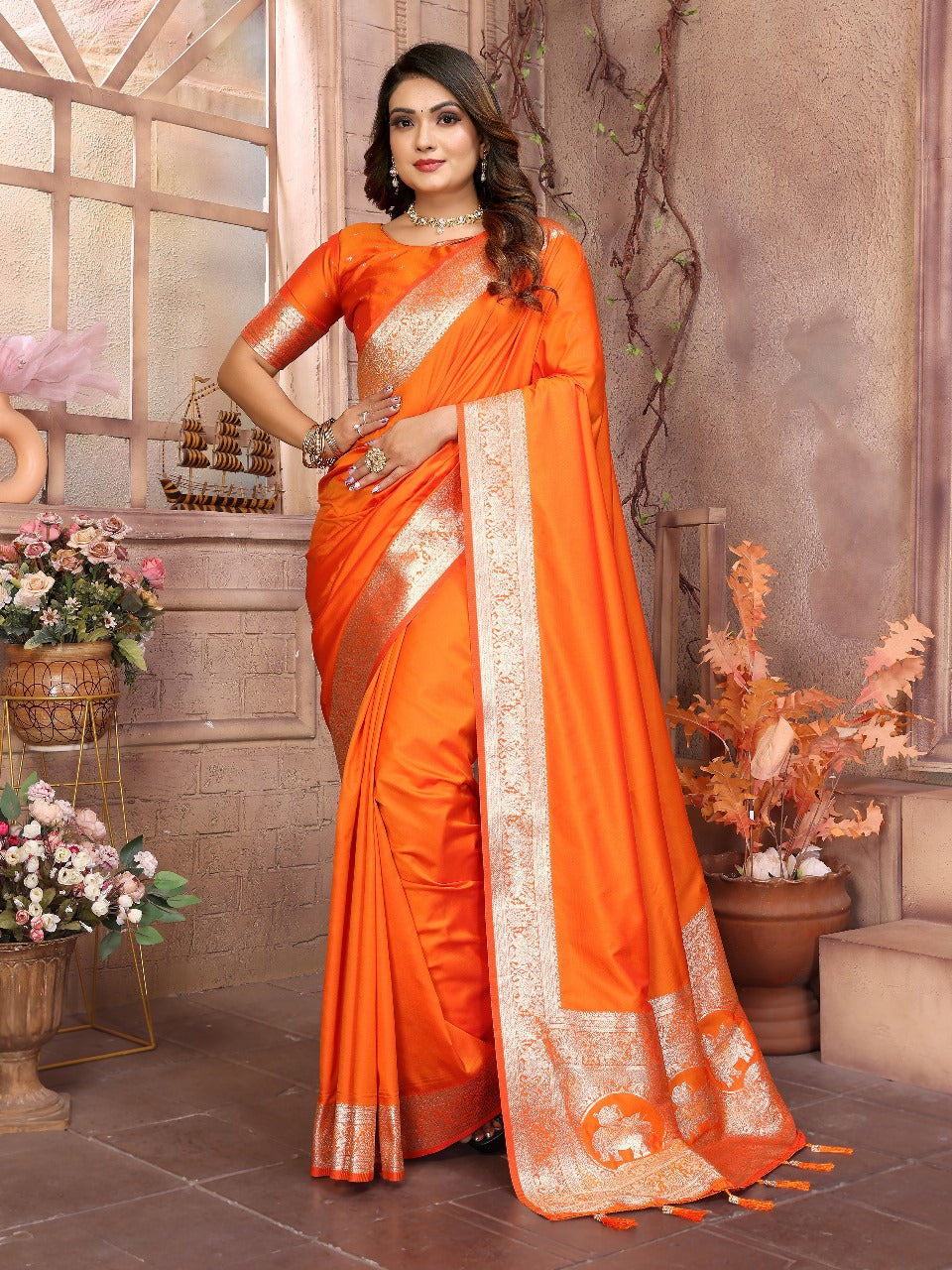 Imposing Banarasi Silk Orange Color Saree