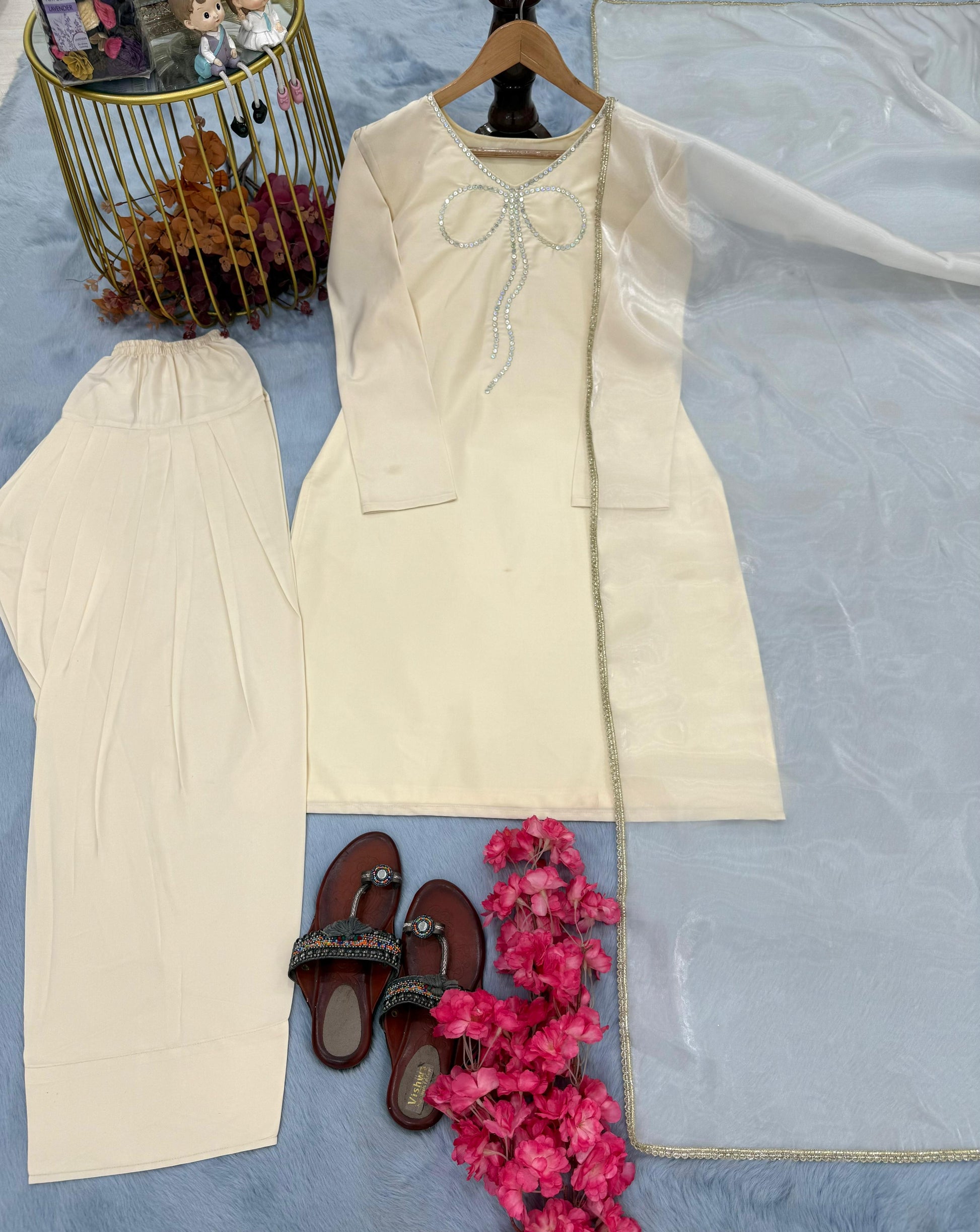 Preferable Sequence Work Off White Color Palazzo Suit