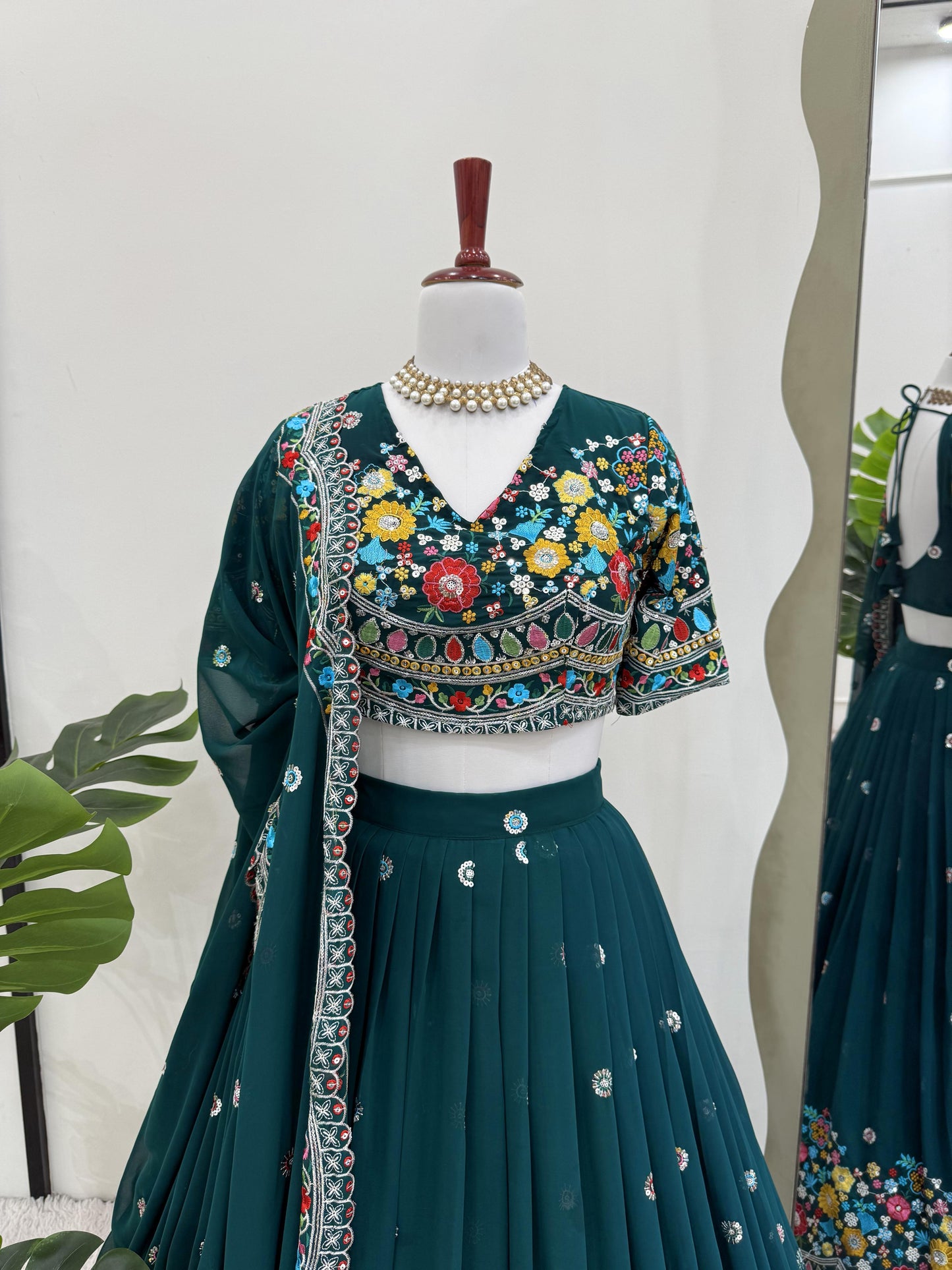 Multi Thread Work Georgette Green Color Lehenga Choli