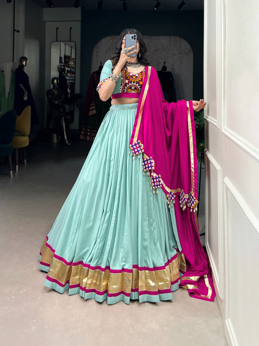 Trendy Navratri Special Rama Color Gamthi Work Lehenga Choli
