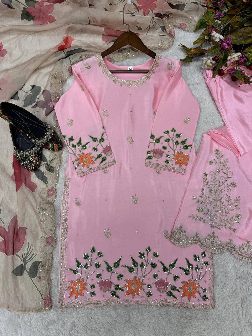 Designer Sequence Work Pink Color Sharara Suit