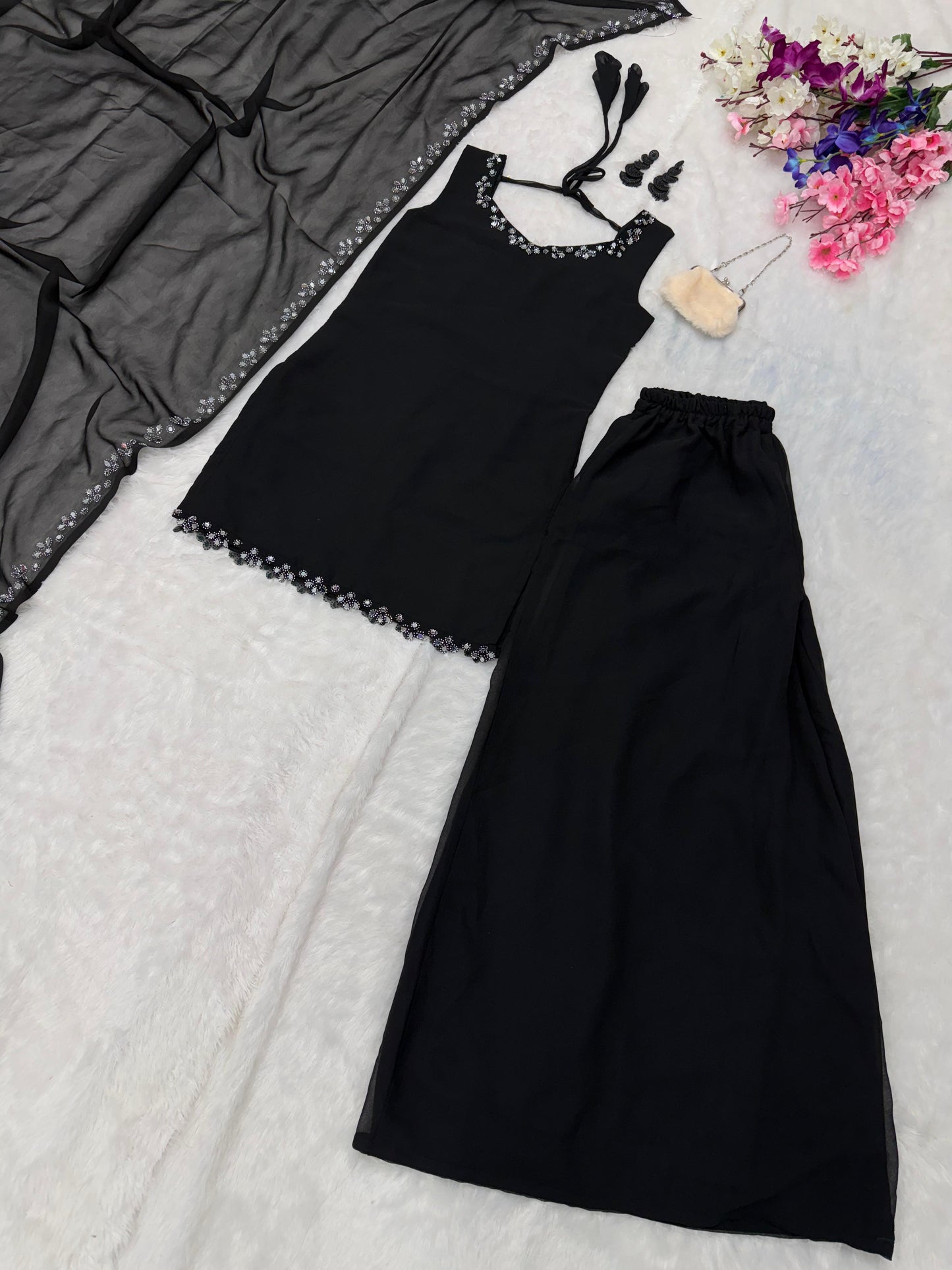 Preferable Real Mirror Work Black Color Palazzo Suit