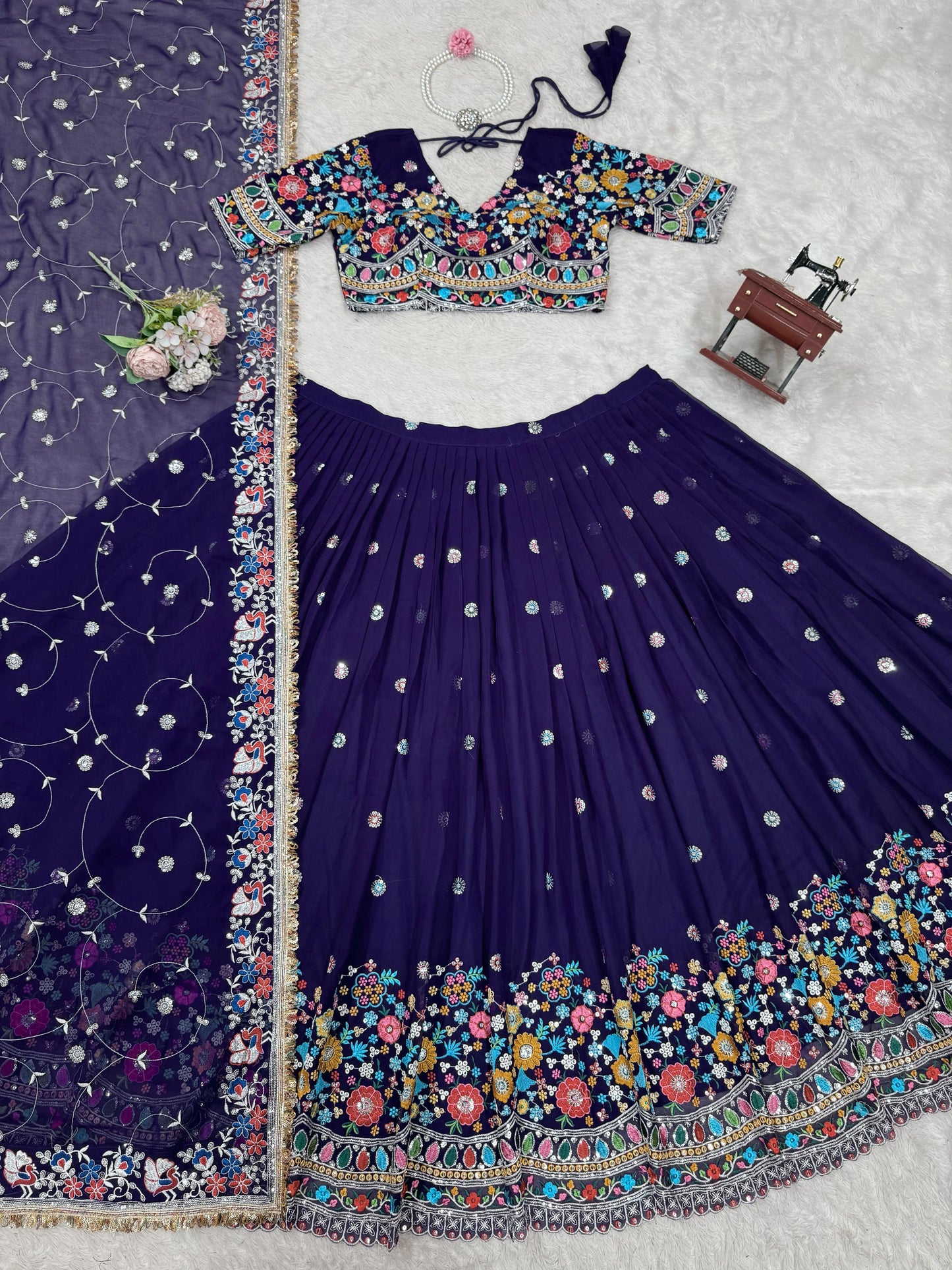 Multi Thread Work Georgette Navy Blue Color Lehenga Choli