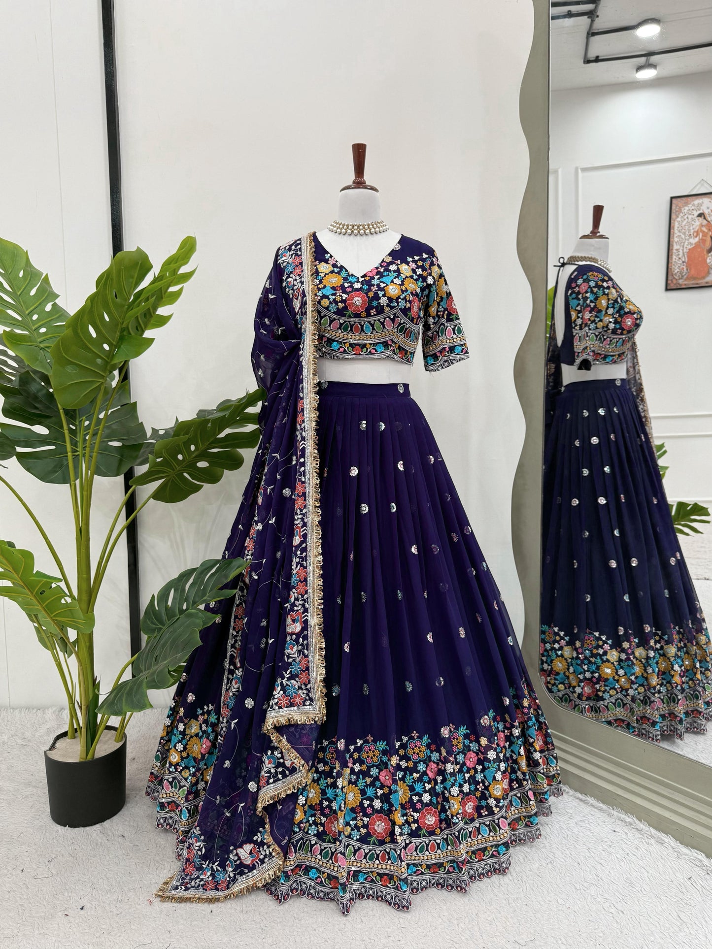 Multi Thread Work Georgette Navy Blue Color Lehenga Choli