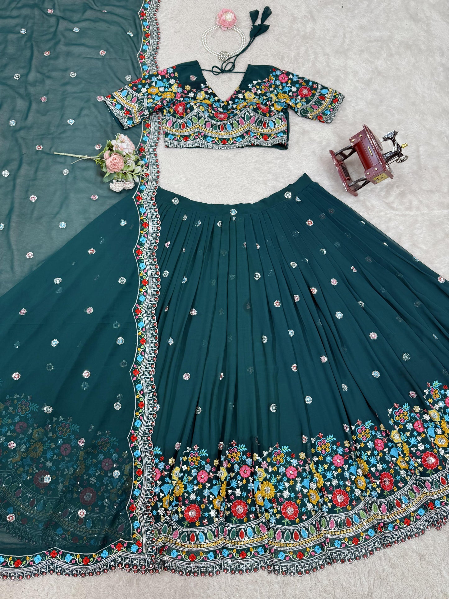 Multi Thread Work Georgette Green Color Lehenga Choli