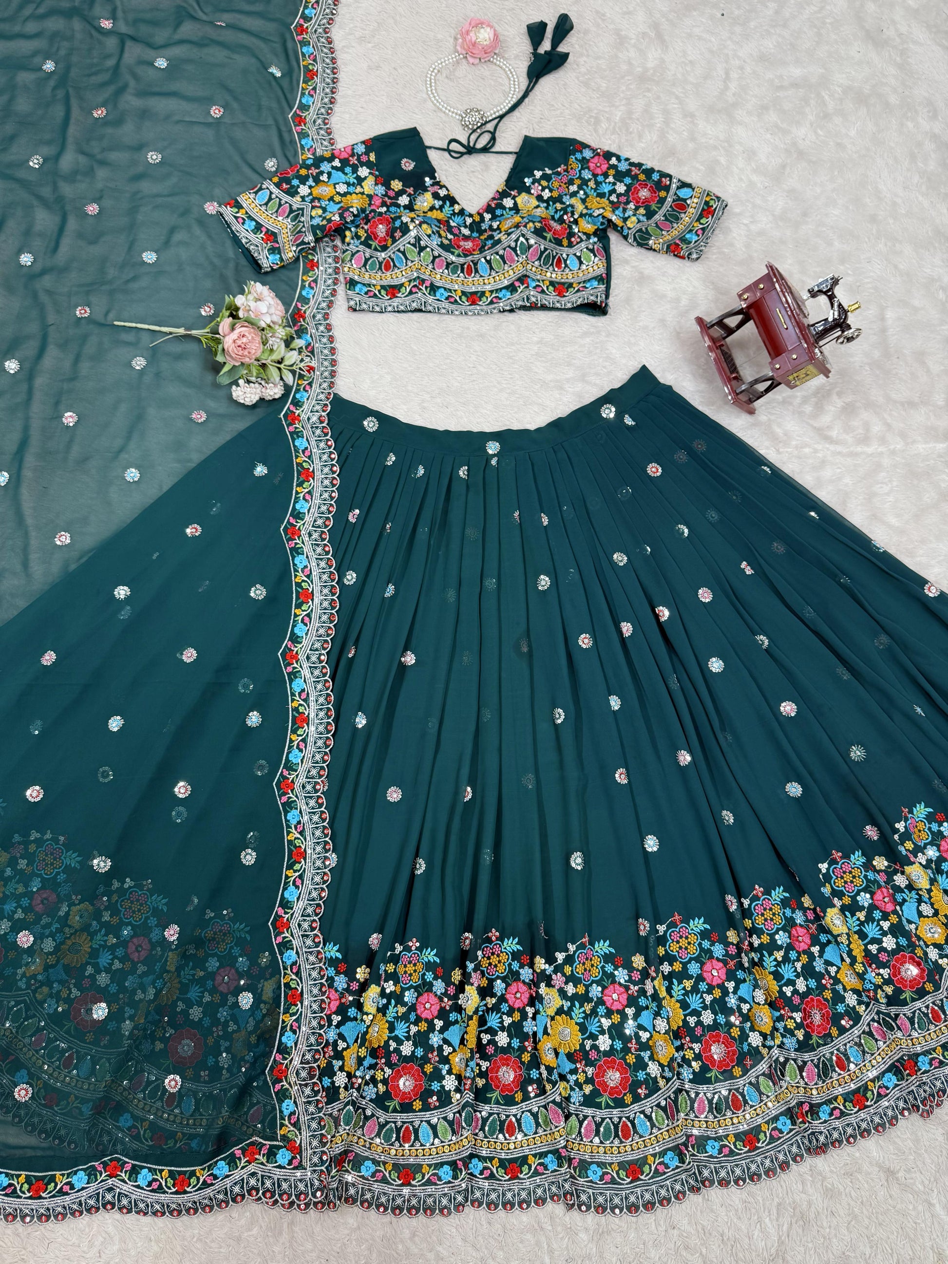 Multi Thread Work Georgette Green Color Lehenga Choli