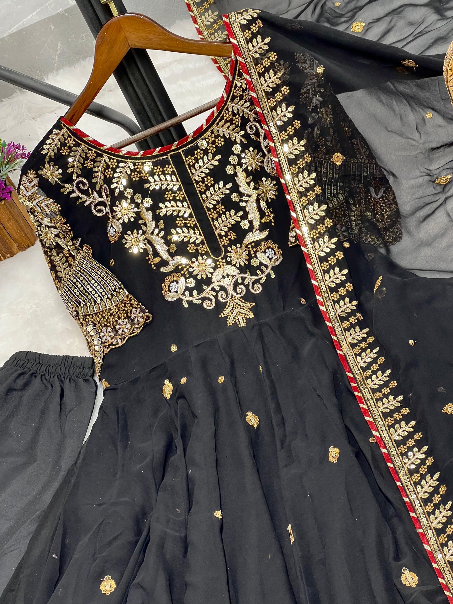 Beautiful Embroidery Sequence Work Black Color Gown