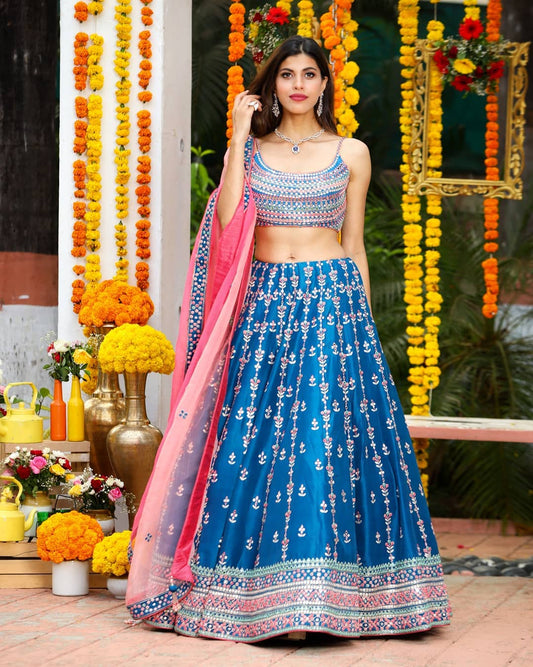 BLUE MULTI EMBROIDERED CHINON SILK LEHENGA CHOLI