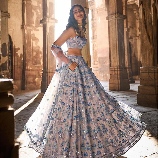 Sky and Grey Party Wear Designer Sequence Work Lehenga choli