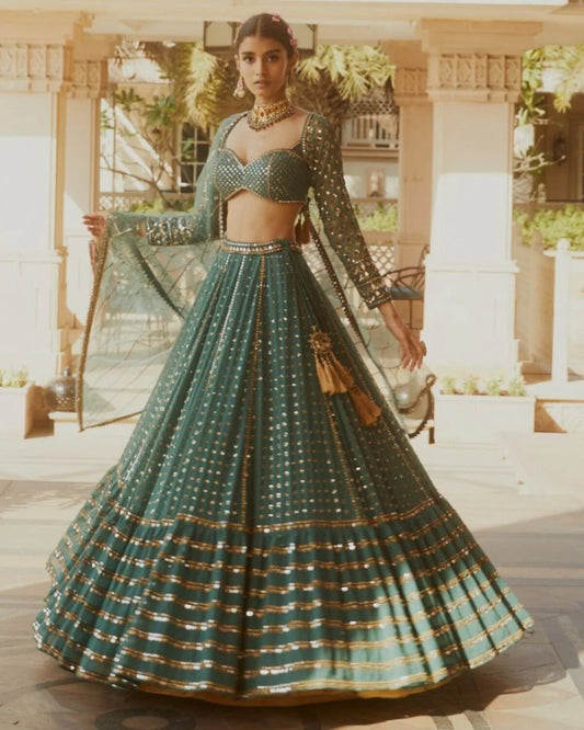 Green Sequin Embroidered Faux Georgette Lehenga