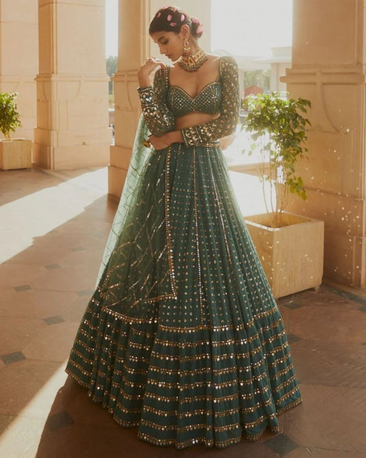 Green Sequin Embroidered Faux Georgette Lehenga