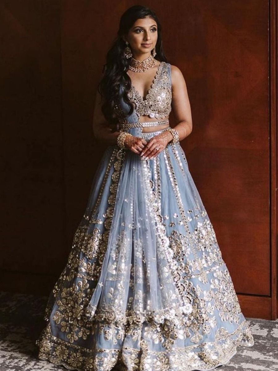 Exquisite Jari And Paper Mirror Embroidered Sky Blue Lehenga