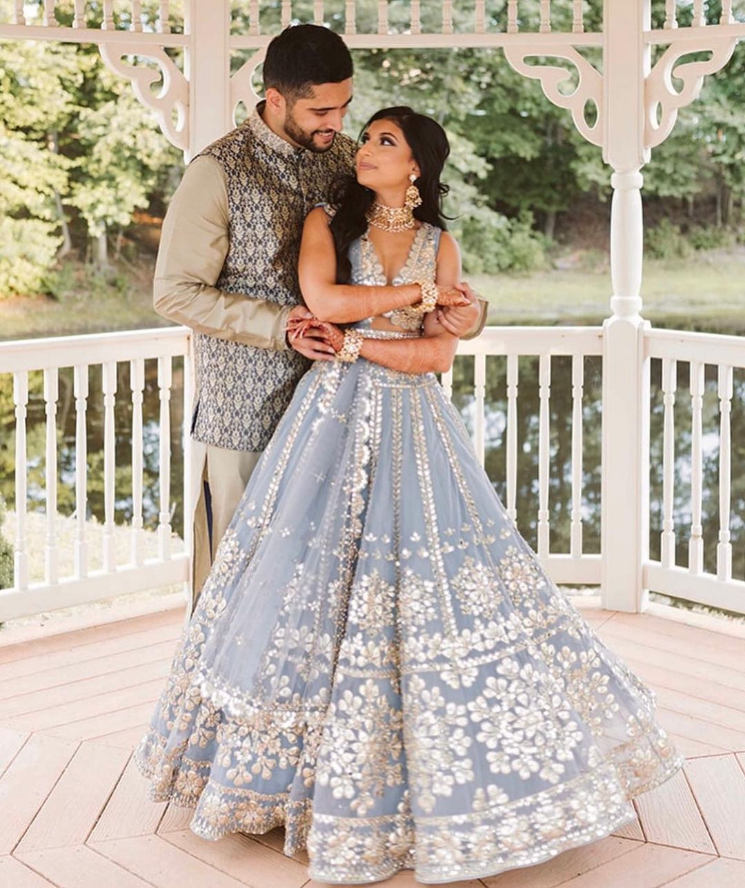 Exquisite Jari And Paper Mirror Embroidered Sky Blue Lehenga