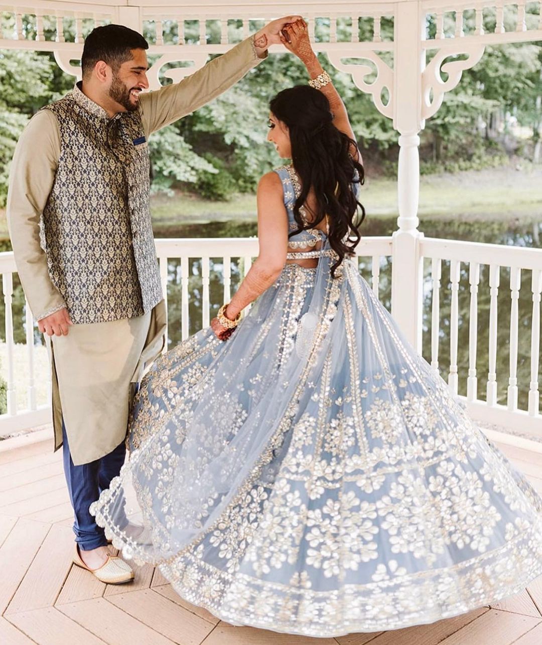 Exquisite Jari And Paper Mirror Embroidered Sky Blue Lehenga