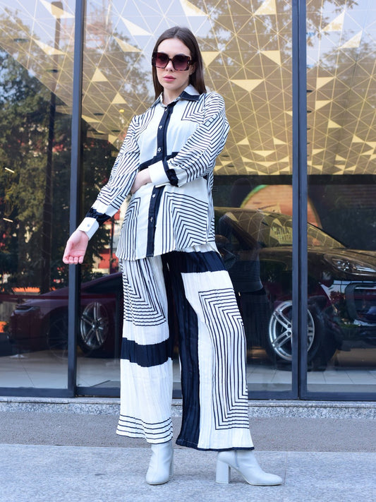 White Black Stripes Crush Pant Co ord set