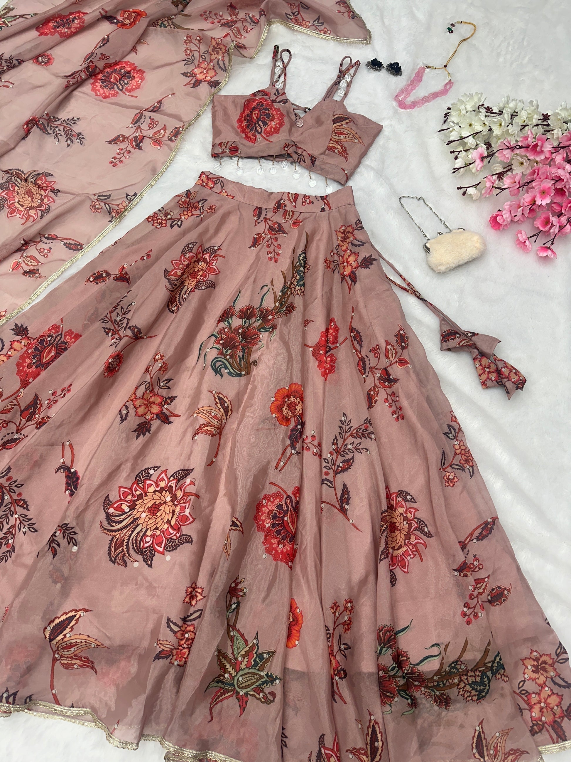 Elegant Dusty Pink Organza Silk Lehenga Choli