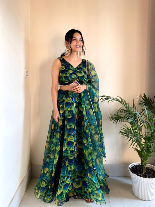 Pretty Floral Printed Green Color Organza Silk Lehenga Choli
