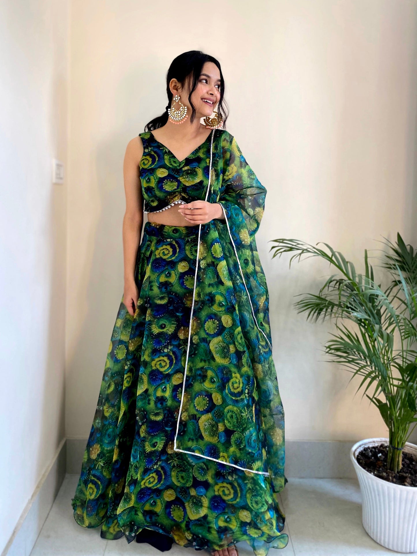 Pretty Floral Printed Green Color Organza Silk Lehenga Choli