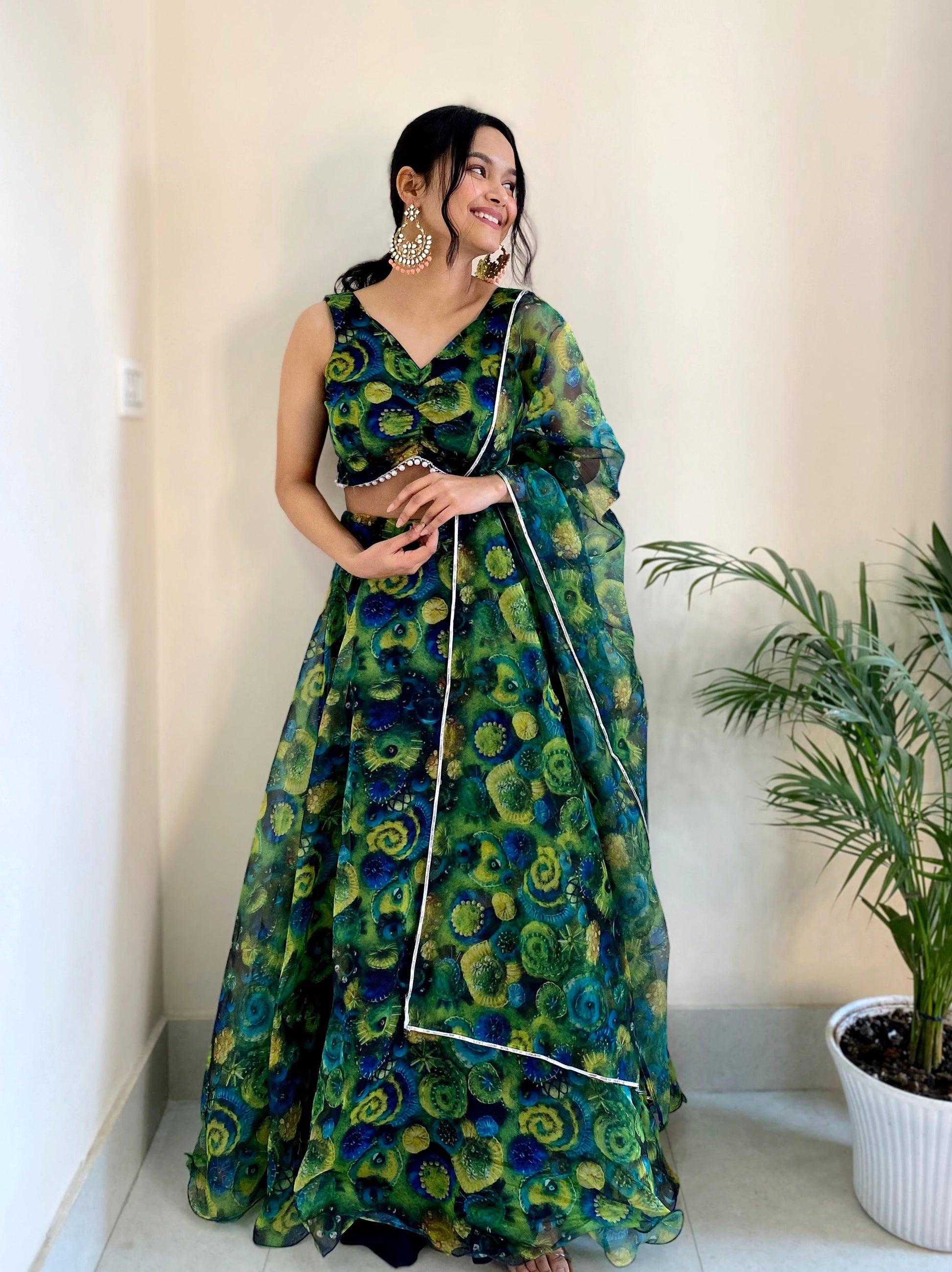 Pretty Floral Printed Green Color Organza Silk Lehenga Choli