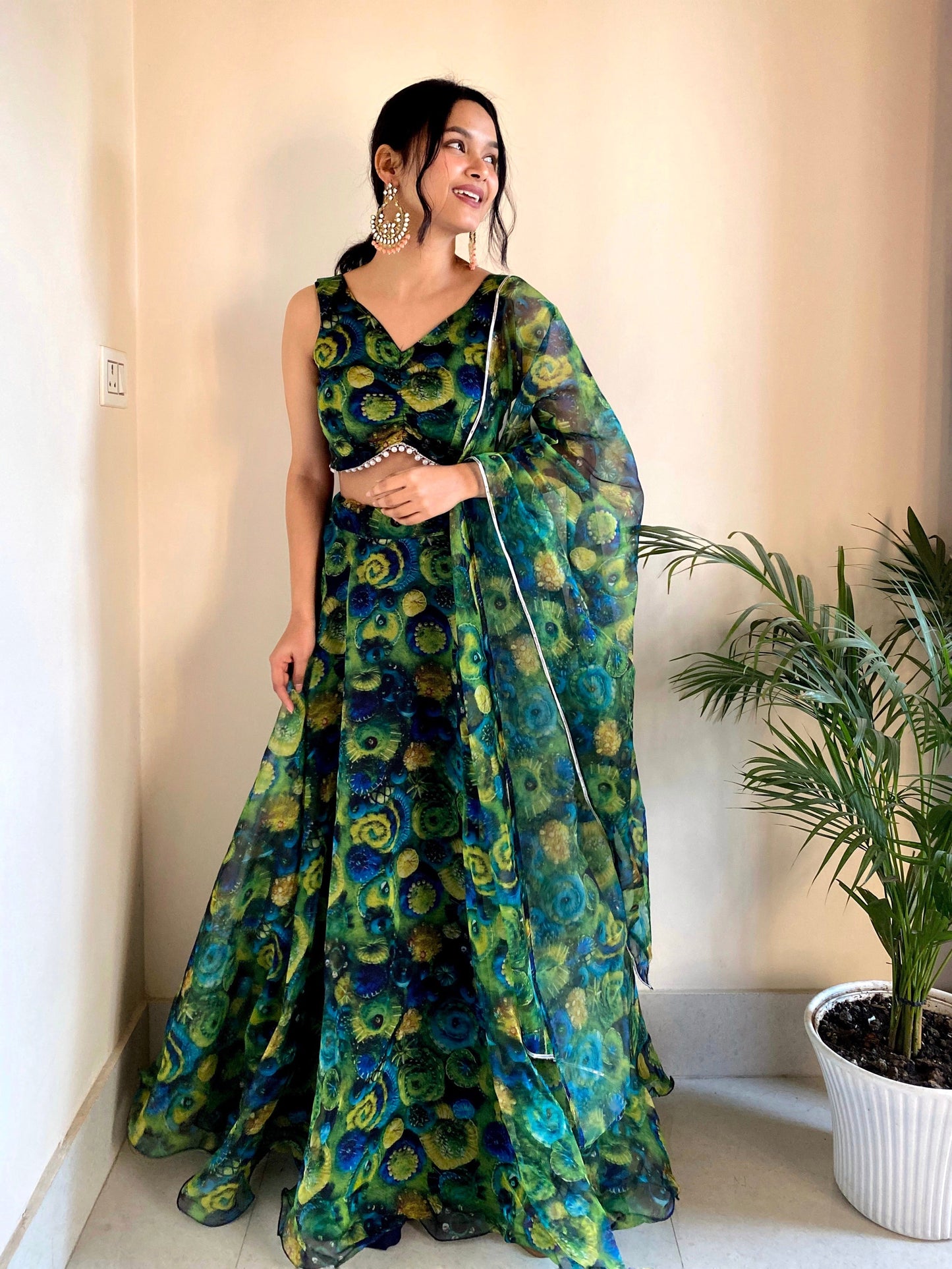 Pretty Floral Printed Green Color Organza Silk Lehenga Choli