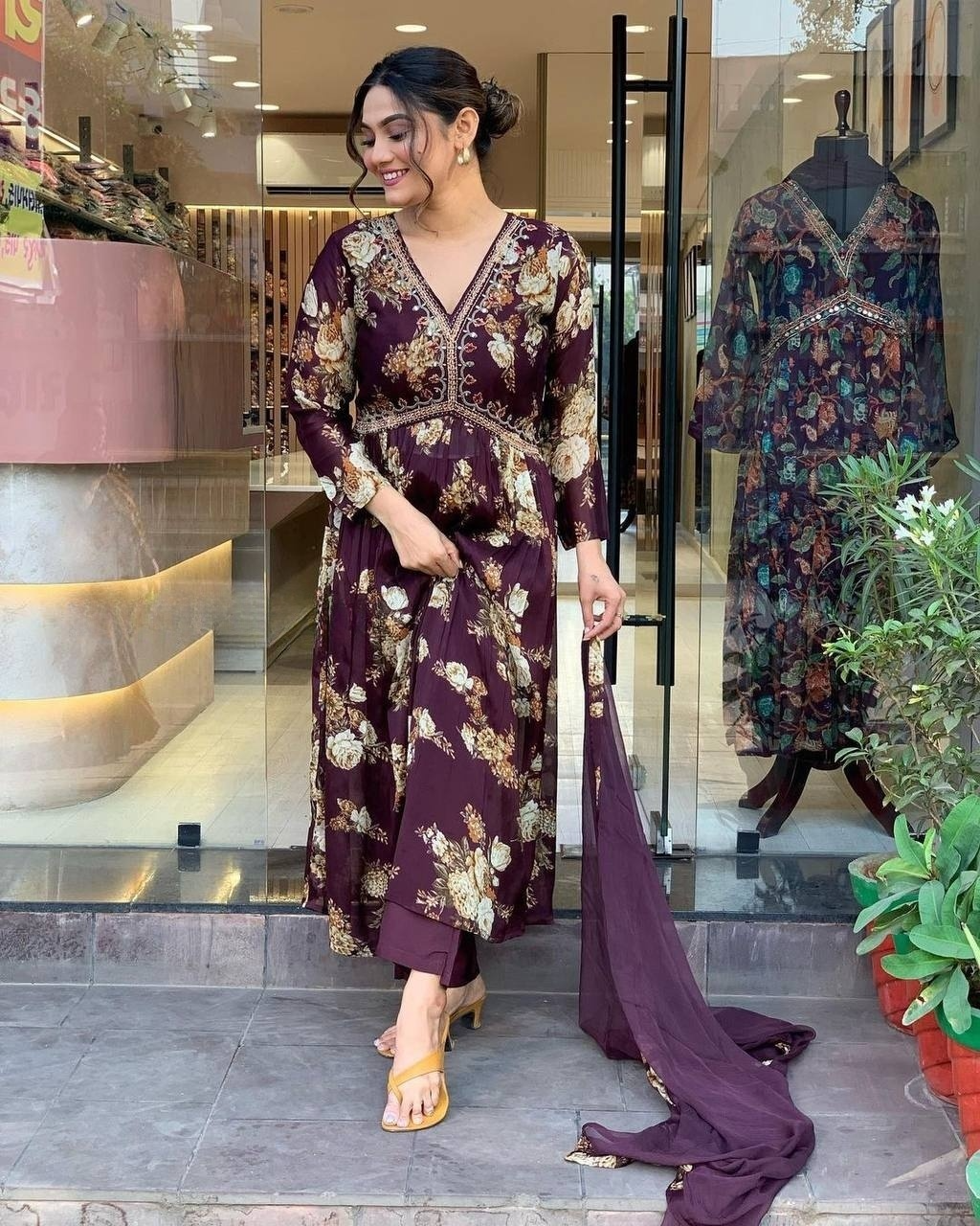 Women  Embrodairy Printed Flared Kurti & Pant With Dupatta Set