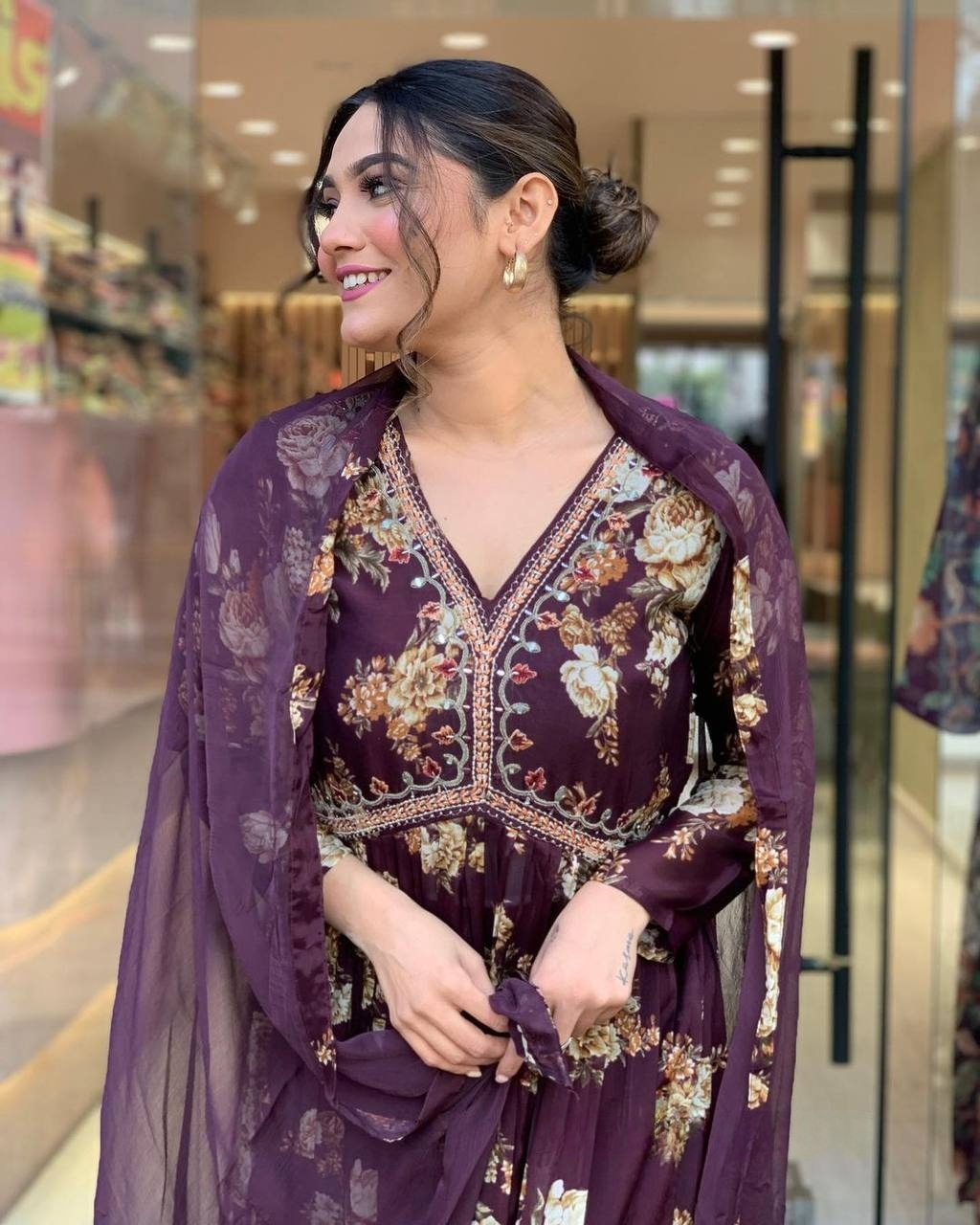 Women  Embrodairy Printed Flared Kurti & Pant With Dupatta Set