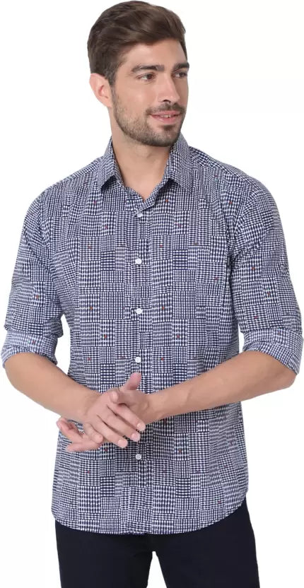 Men Slim Fit Dark Blue Spread Collar Printed Shirt