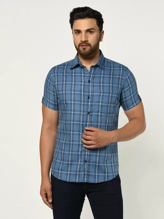 Men Slim Fit Light Blue Checkered Spread Collar Shirt