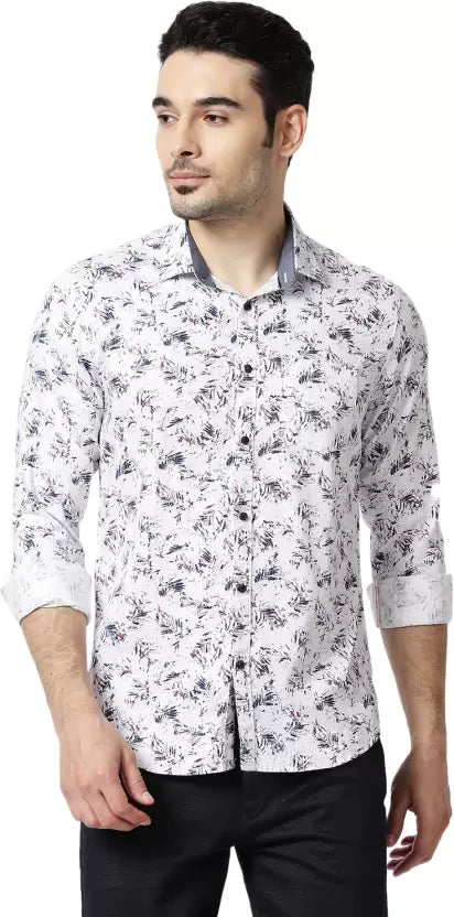 Men Slim Fit White Spread Collar Printed Shirt