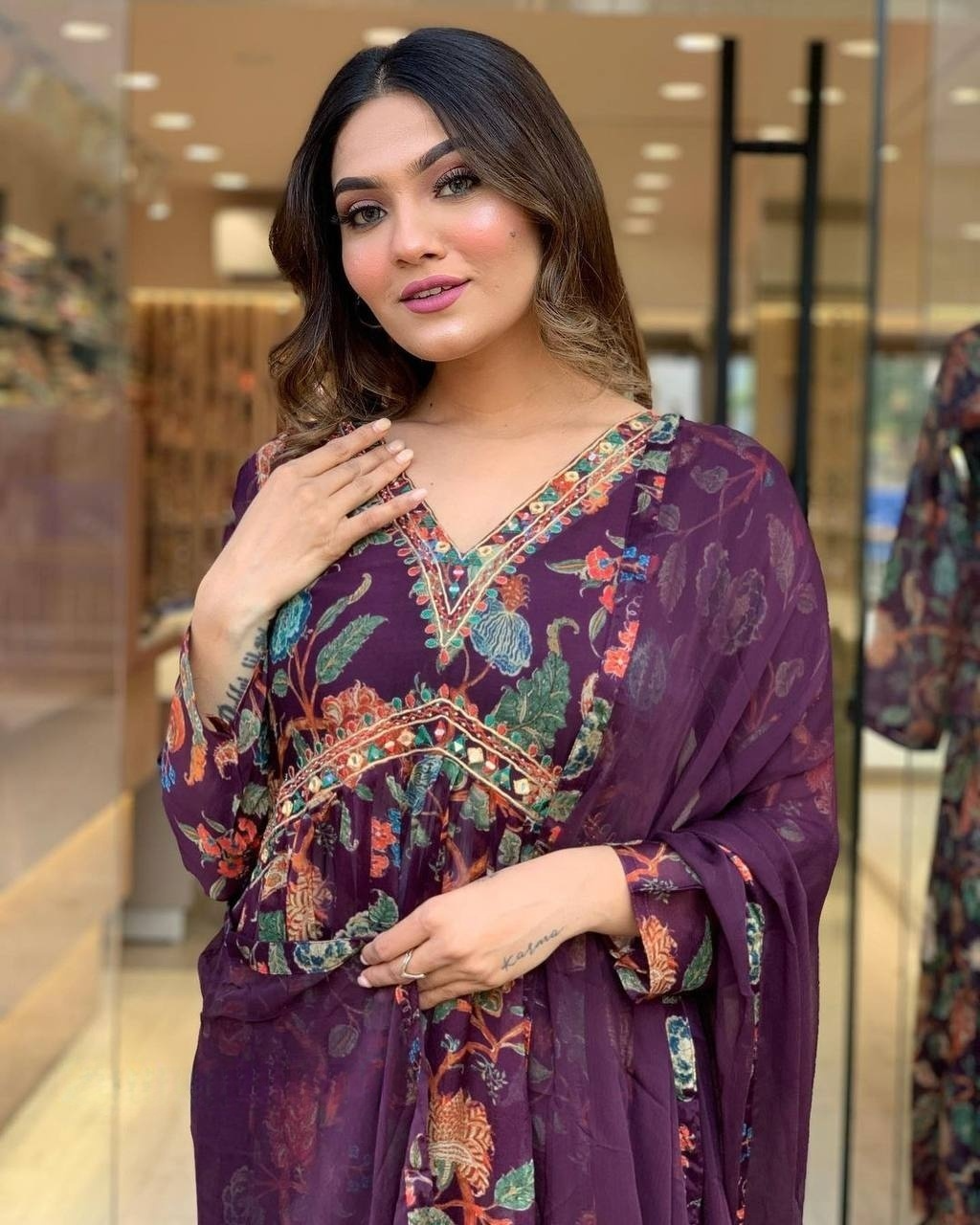 Women  Embrodairy Printed Flared Kurti & Pant With Dupatta Set