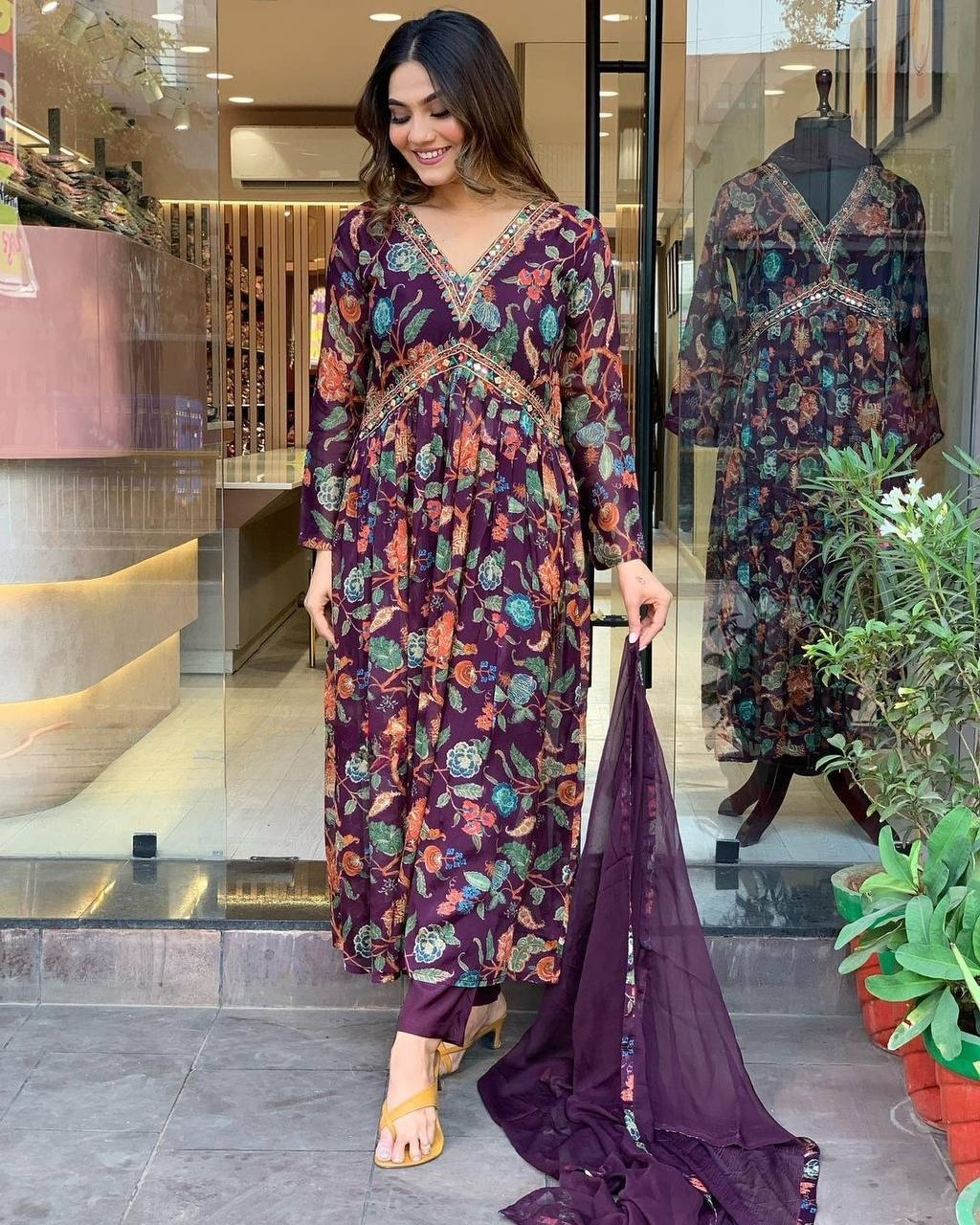 Women  Embrodairy Printed Flared Kurti & Pant With Dupatta Set