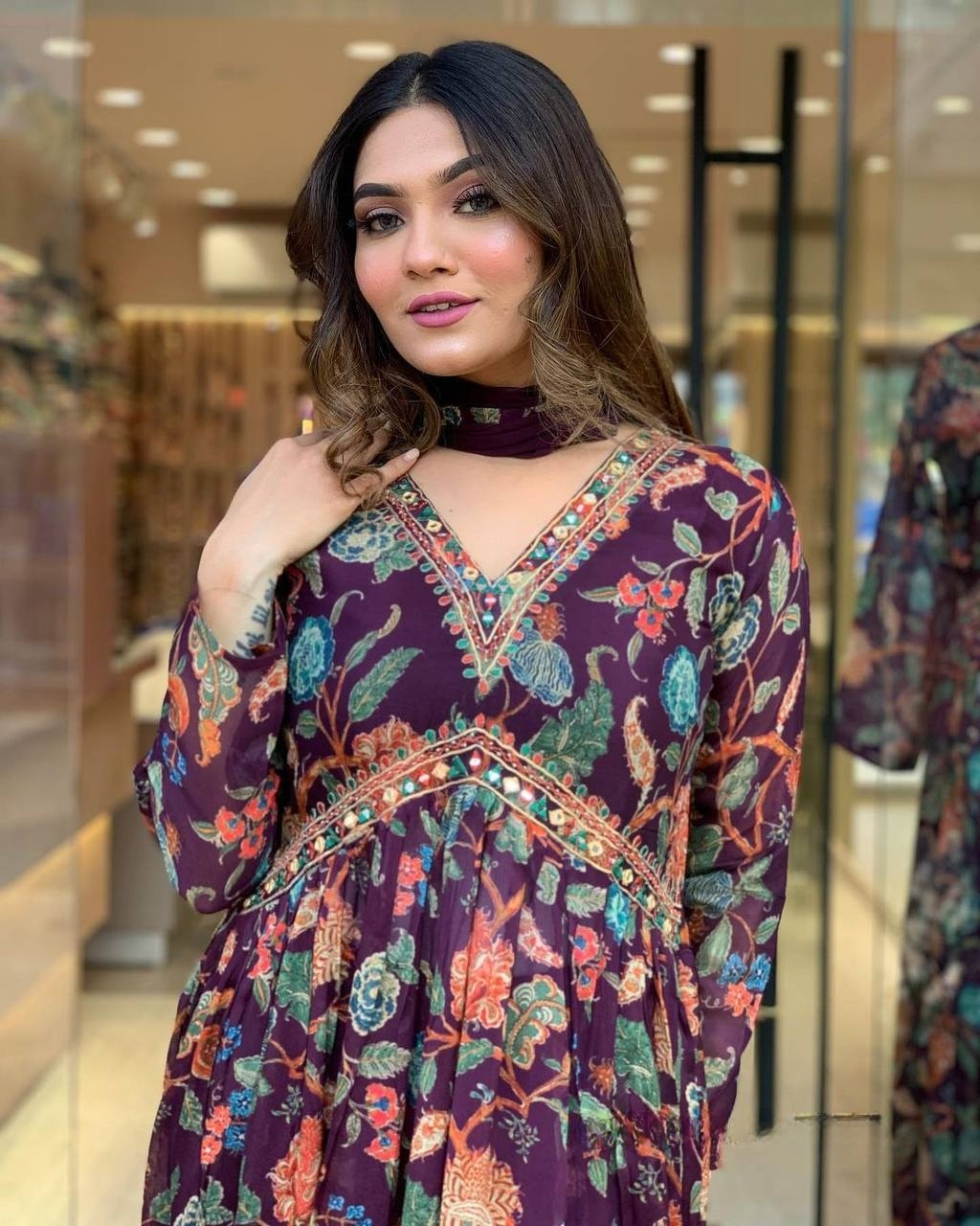 Women  Embrodairy Printed Flared Kurti & Pant With Dupatta Set