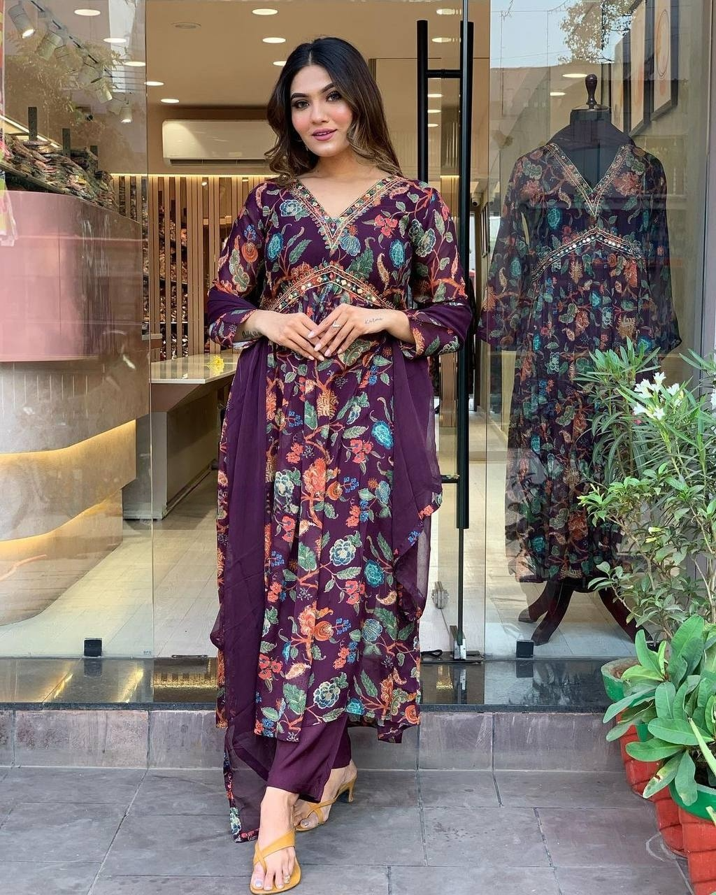 Women  Embrodairy Printed Flared Kurti & Pant With Dupatta Set