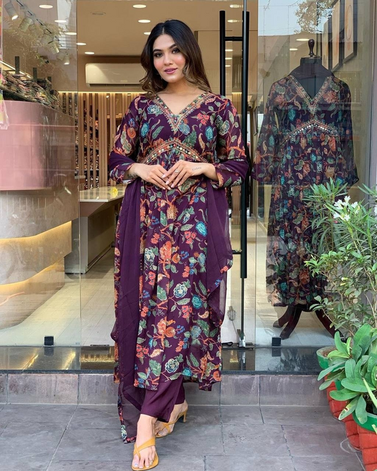 Women  Embrodairy Printed Flared Kurti & Pant With Dupatta Set