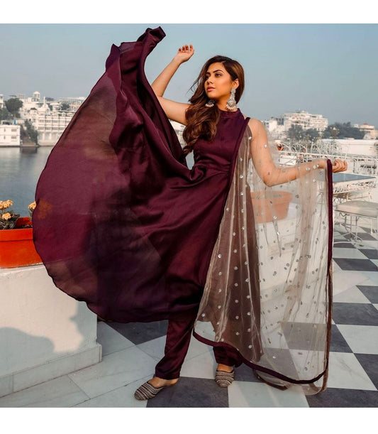 Stylish Hevvy Japan Silk Wine Color Gown