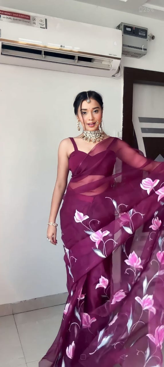 Mesmerizing  Pulpal color Organza Silk Ready to Wear Saree