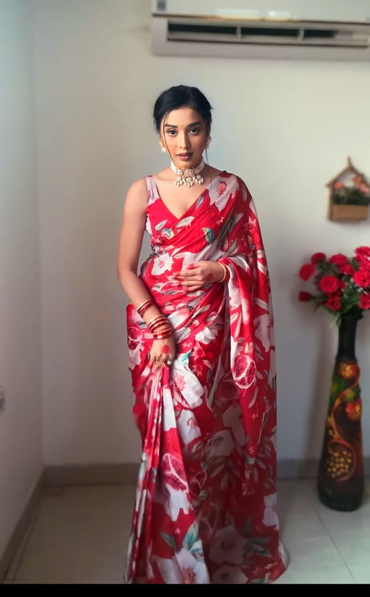 Delightful Red And White Georgette Silk Ready To Wear saree