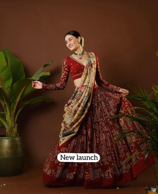 Flattering   Red Color Kalamkari Print Lehenga Choli