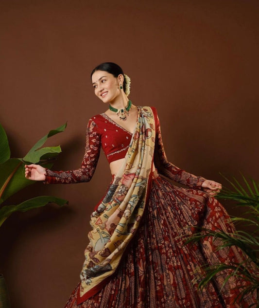 Glorious Red Color Kalamkari Print Lehenga Choli