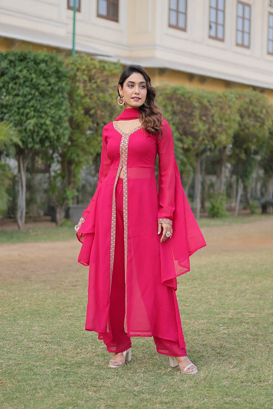 Round Flared Front Slit Pink Color Kurti Dupatta Set