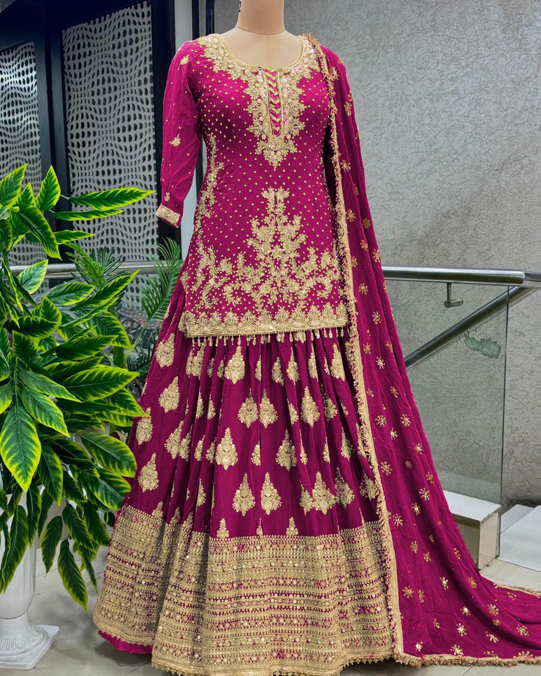 Presenting Embroidery Sequence Work Pink  Color Sharara Suit