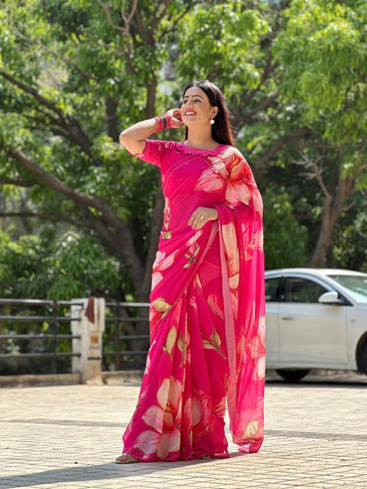 Shining Beautiful Floral Print  Pink Color Saree