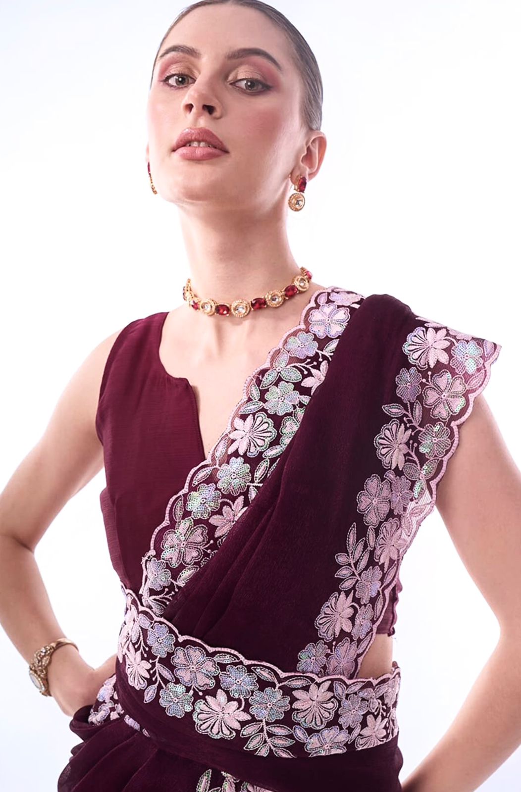 Luxuriant Thread Work Border Wine Color Saree