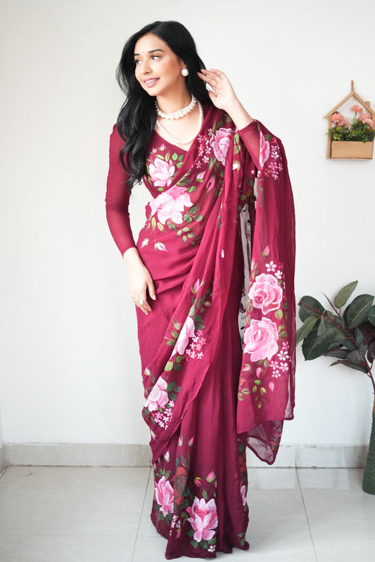 Shining Maroon Color Flower  Design Ready To Wear Saree