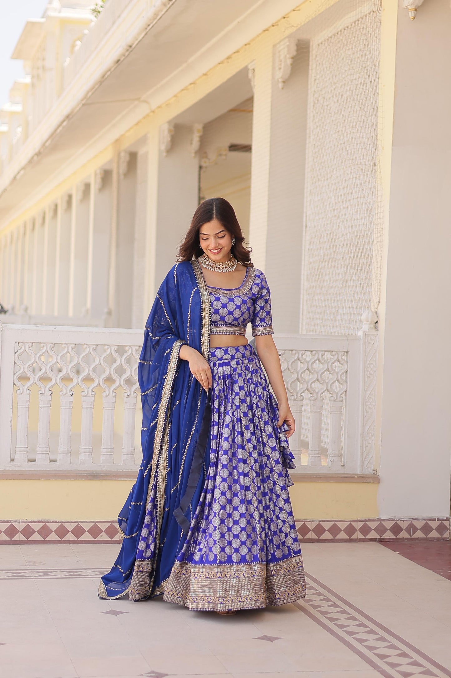 Innovative Jacquard Work Blue Color Lehenga Choli